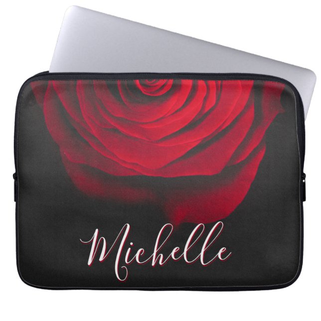 Aangepast monogram rode roze  foto zwart laptop sleeve (Voorkant)