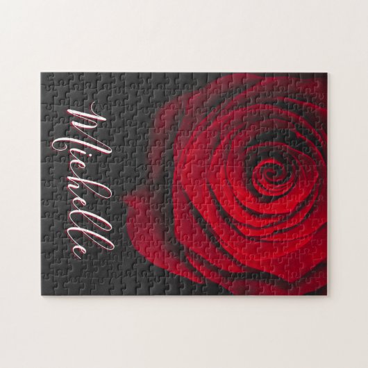 Aangepast monogram rode roze  foto zwart legpuzzel (Horizontaal)