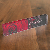 Aangepast monogram rode roze foto zwart naambordje (Zijkant)