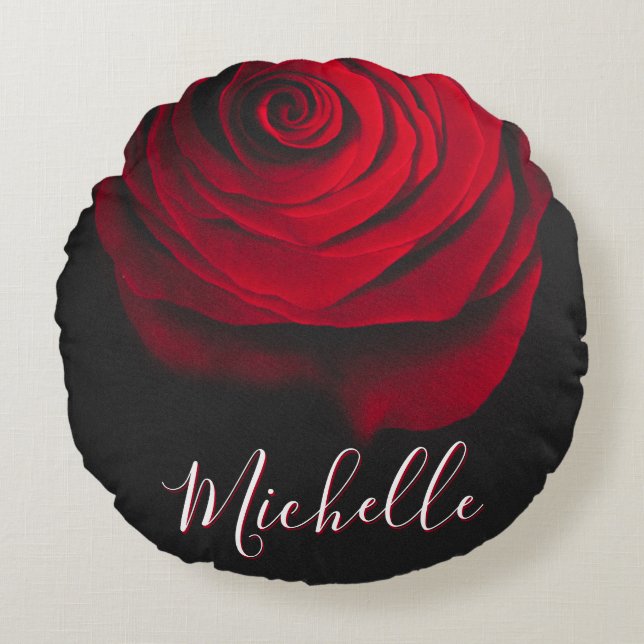 Aangepast monogram rode roze  foto zwart rond kussen (Voorkant)