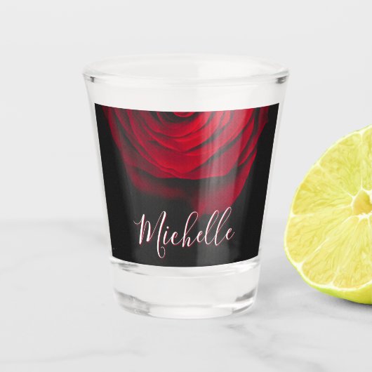 Aangepast monogram rode roze  foto zwart shot glas (Voorkant)