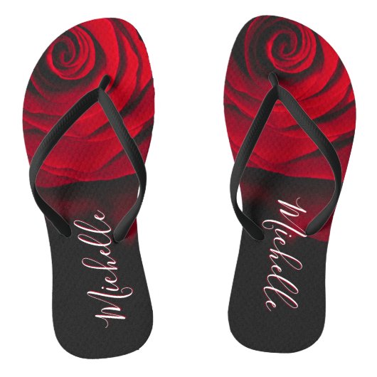 Aangepast monogram rode roze  foto zwart teenslippers (Voetbed)