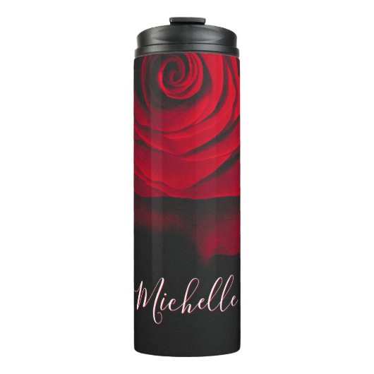 Aangepast monogram rode roze foto zwart thermosbeker (Voorkant)