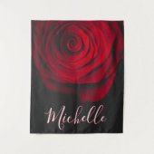 Aangepast monogram rode roze  foto zwart wandkleed (Voorkant)