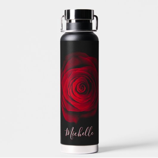 Aangepast monogram rode roze  foto zwart waterfles (Achterkant)