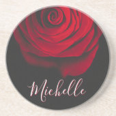 Aangepast monogram rode roze  foto zwart zandsteen onderzetter (Voorkant)