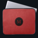 Aangepast monogram rood  leder laptop sleeve<br><div class="desc">Afbeelding van rood  leder met aanpasbaar monogram en zwarte cirkel</div>