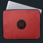 Aangepast monogram rood  leder laptop sleeve<br><div class="desc">Afbeelding van rood  leder met aanpasbaar monogram en zwarte cirkel</div>