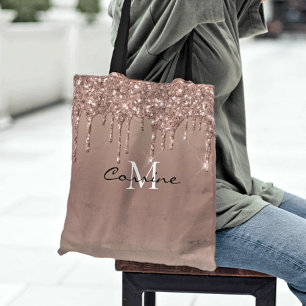 Aangepast monogram Roos Gold Drip Glitter Metallic Tote Bag