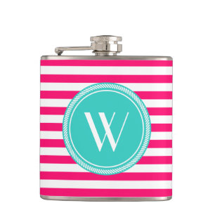 Aangepast monogram roze en Blauwgroen gestreept Heupfles