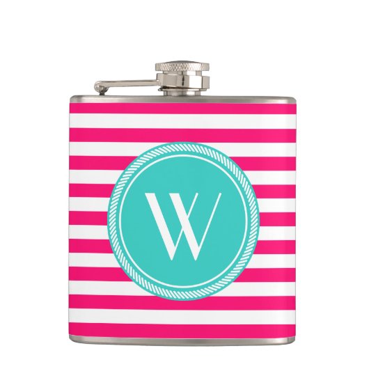 Aangepast monogram roze en Blauwgroen gestreept Heupfles (Voorkant)