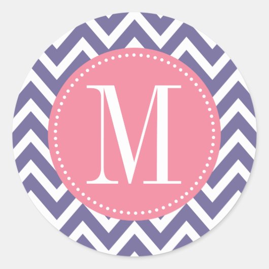 Aangepast monogram roze en lavender Chevron Ronde Sticker (Voorkant)