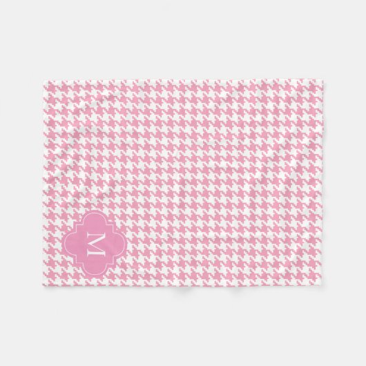 Aangepast monogram roze en wit houndstooth Patroon Fleece Deken (Voorkant (Horizontaal))