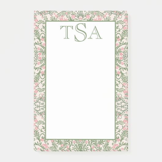 Aangepast Monogram Roze & Groen Bloempatroon Post-it® Notes (Voorkant)