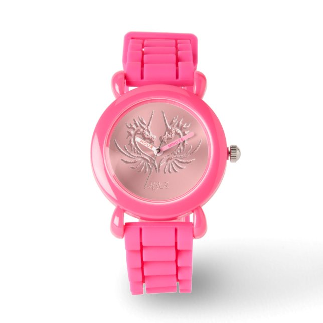 Aangepast monogram, Roze, Scaly Dragon Heart Horloge (Voorkant)