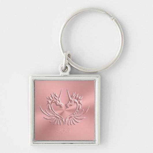 Aangepast monogram, Roze, Scaly Dragon Heart Sleutelhanger (Voorkant)