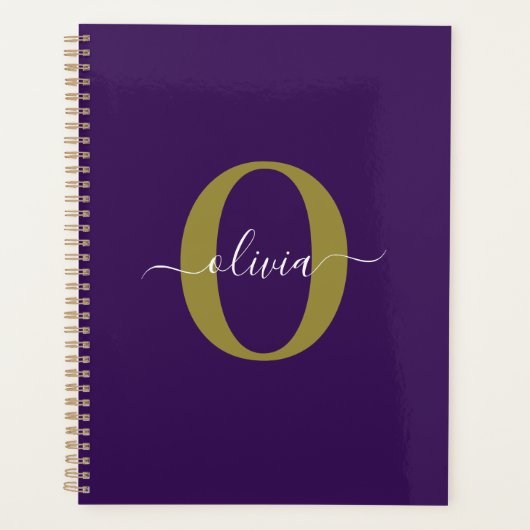 Aangepast monogram script naam paars wit goud planner (Voorkant)