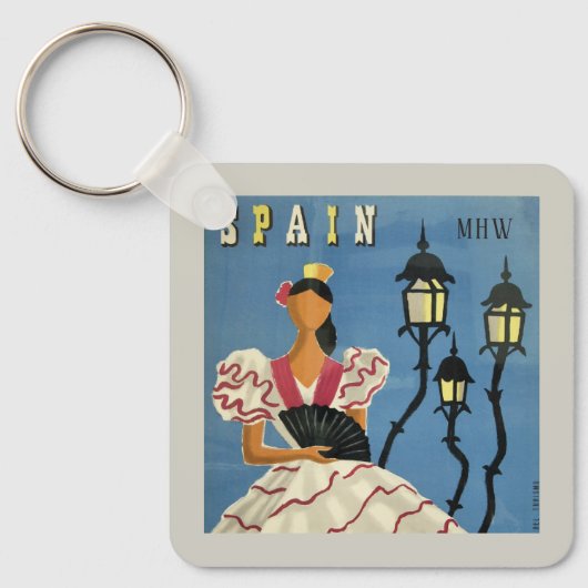 Aangepast monogram SPANJE Vintage Reis Sleutelhanger (Voorkant)