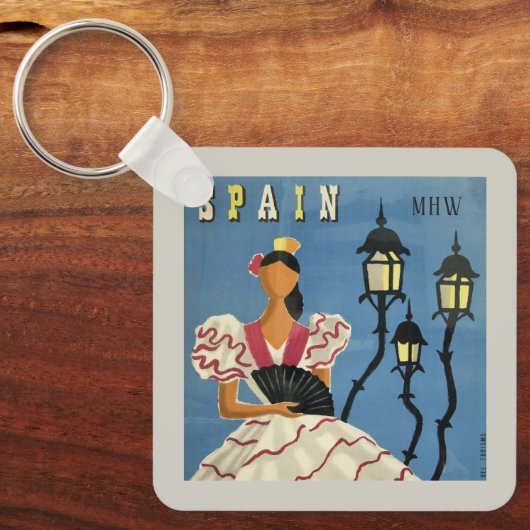 Aangepast monogram SPANJE Vintage Reis Sleutelhanger (Voorkant)