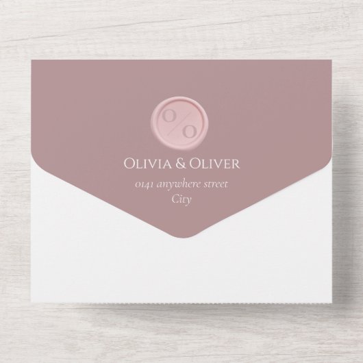 Aangepast monogram stoffige roos kalligrafie bruil all in one uitnodiging (Achterkant)