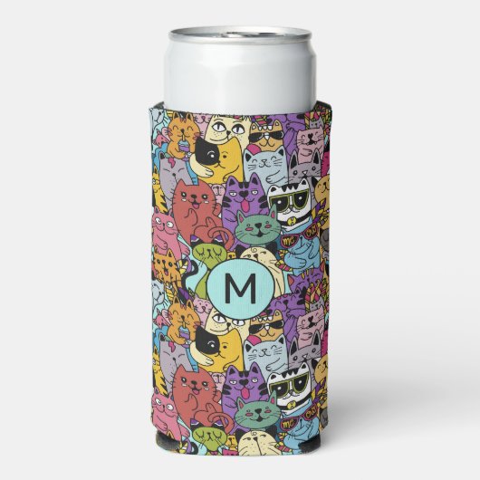 Aangepast monogram & tekst Grappige katten illustr Seltzer Blikjeskoeler (Seltzer Voorkant)