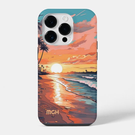 Aangepast monogram tropisch strand zonsondergang iPhone hoesje (Achterkant)