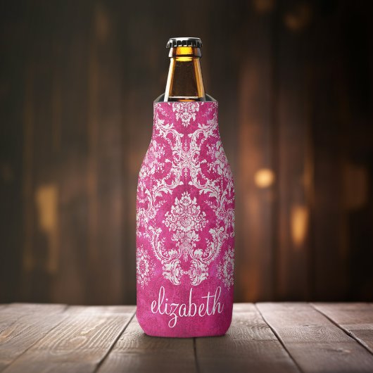 Aangepast monogram van het Hot Pink Grunge Damask Flesjeskoeler