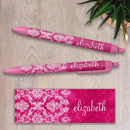 Aangepast monogram van het Hot Pink Grunge Damask  Zwarte Inkt Pen
