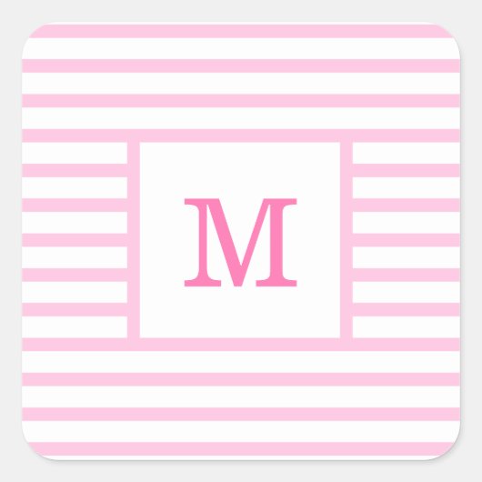 Aangepast monogram voor baby roze en witte strepen vierkante sticker (Voorkant)
