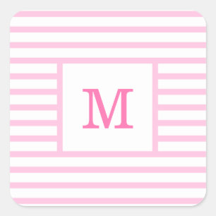 Aangepast monogram voor baby roze en witte strepen vierkante sticker