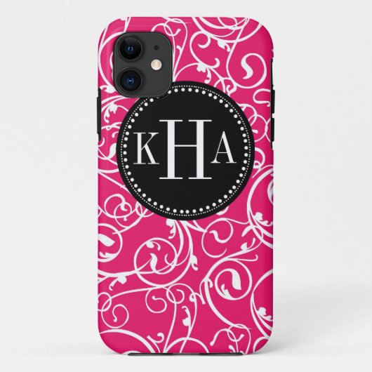 Aangepast monogram voor Berry roze en Black Damask Case-Mate iPhone Case (Achterkant)