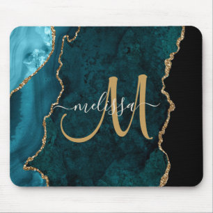 Aangepast monogram voor Chic Blauwgroen Gold Agate Muismat