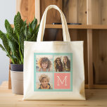 Aangepast monogram voor foto's van Mint en Koraal Tote Bag<br><div class="desc">Gebruik 3 vierkante foto's om een uniek en persoonlijk cadeau te creëer. Of je kunt de hipster puppy houden en een trendy keepslag maken. Als u de afbeeldingen moet aanpassen,  klik op het aanpassingshulpmiddel om veranderingen aan te brengen.</div>