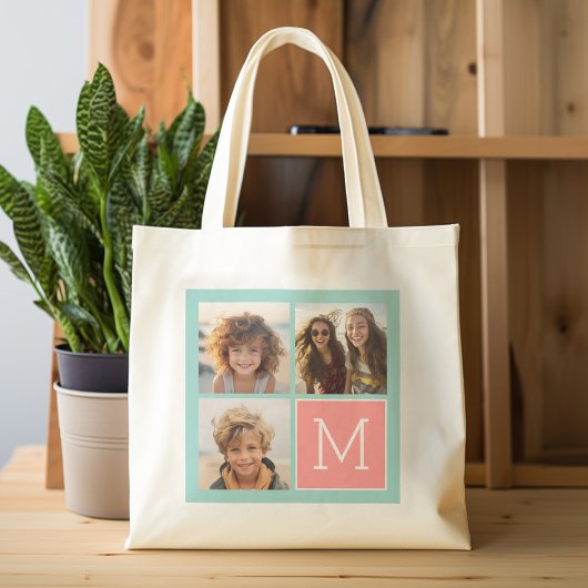 Aangepast monogram voor foto's van Mint en Koraal Tote Bag