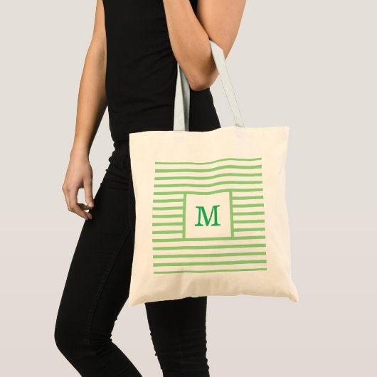 Aangepast monogram voor groene en witte strepen tote bag (Voorkant (product))