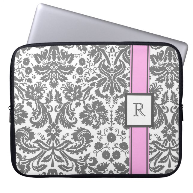 Aangepast monogram voor laptop Grijze roze Floral  Laptop Sleeve (Voorkant)