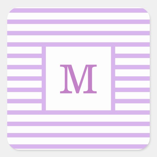 Aangepast monogram voor Paarse en witte strepen Vierkante Sticker (Voorkant)