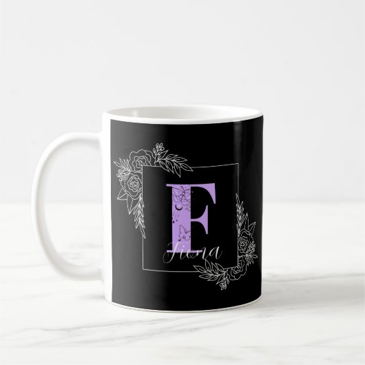Aangepast monogram voor Paarse Floral Butterfly -  Koffiemok (Links)
