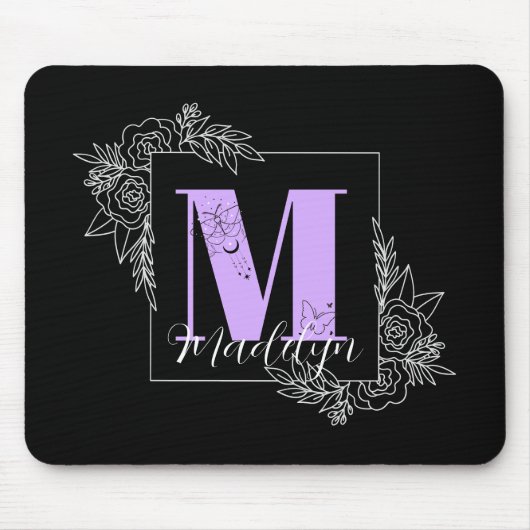 Aangepast monogram voor Paarse Floral Butterfly - Muismat (Voorkant)