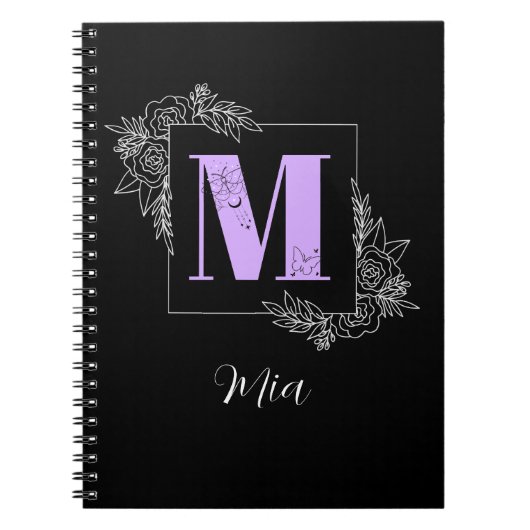 Aangepast monogram voor Paarse Floral Butterfly - Notitieboek (Voorkant)