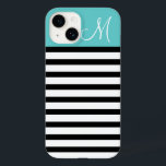 Aangepast monogram voor zwart en Turquoise Preppy  Case-Mate iPhone 14 Hoesje<br><div class="desc">Cute Modern Girly Trendy Chic Stylish Design met Preppy Horizontal Stripes en Solid Color Block met Custom Personalized Monogram Initiaal Letter</div>