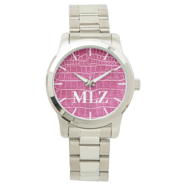 Aangepast monogram warm roze faux crocodile maken horloge (Voorkant)