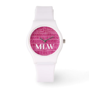 Aangepast monogram warm roze faux crocodile maken horloge