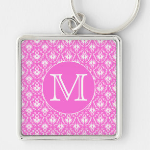 Aangepast monogram. White en Roze Damask Pattern. Sleutelhanger
