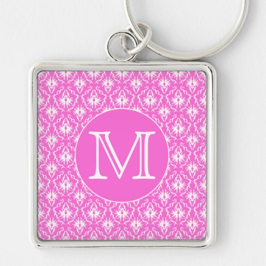 Aangepast monogram. White en Roze Damask Pattern. Sleutelhanger (Voorkant)