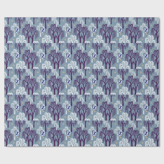 Aangepast Monogram Willow Tree Blue Wrapping Paper Cadeaupapier (Vlak)