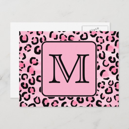 Aangepast monogram. Zwart en roze luipaard afdrukk Briefkaart (Voorkant / Achterkant)