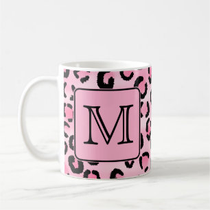 Aangepast monogram. Zwart en roze luipaard afdrukk Koffiemok