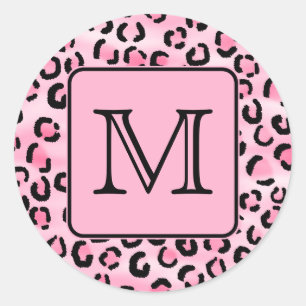 Aangepast monogram. Zwart en roze luipaard afdrukk Ronde Sticker