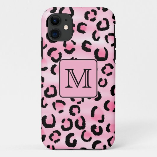 Aangepast monogram. Zwart en roze luipaardprint. Case-Mate iPhone Case (Achterkant)